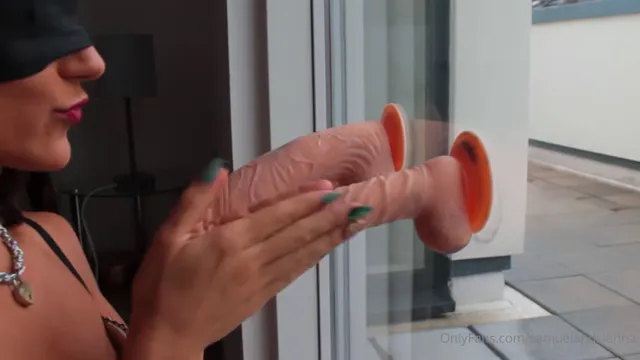 Blindfolded Sienna Garcia Sucks Dildo Attached To Window