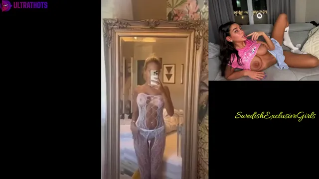 Swedish Babe Alma is showing off her great  large breasts in a mirror