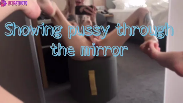 German Babe with Tattoos Flashing Pussy in Mirror and Masturbating